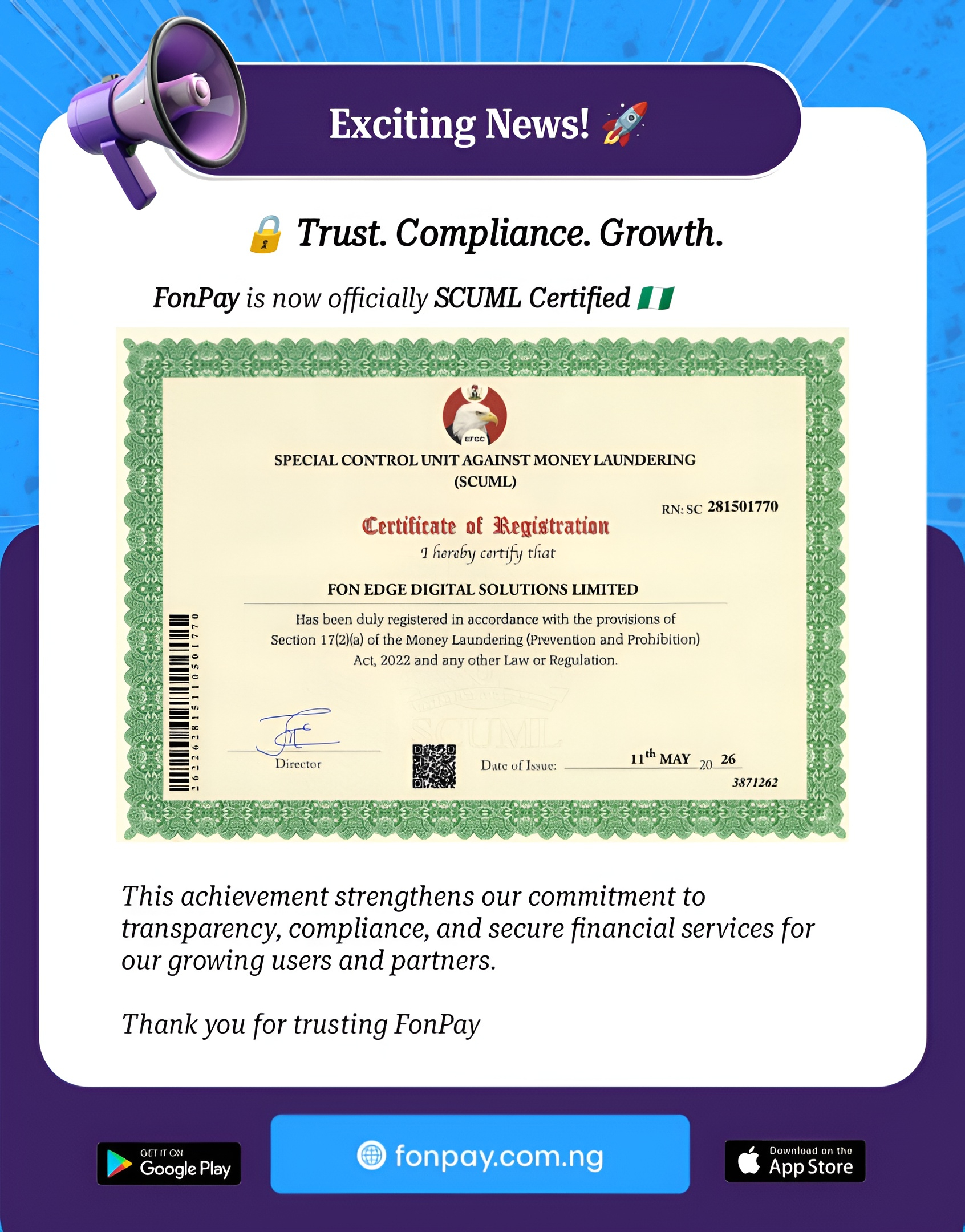 FonPay SCUML Certification Certificate